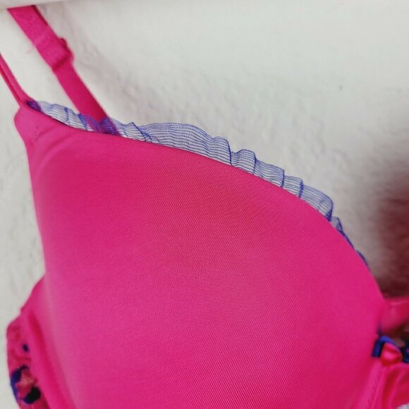 DKNY Push Up Bra Pink With Purple Ruffled Mesh Lace 36B NWT Padded Underwire - Picture 4 of 11